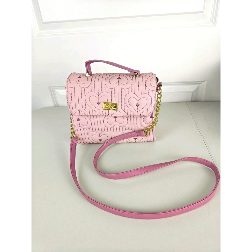 Luv Betsey Betsey Johnson Pink Heart Quilted Crossbody Satchel Top Handle Gold